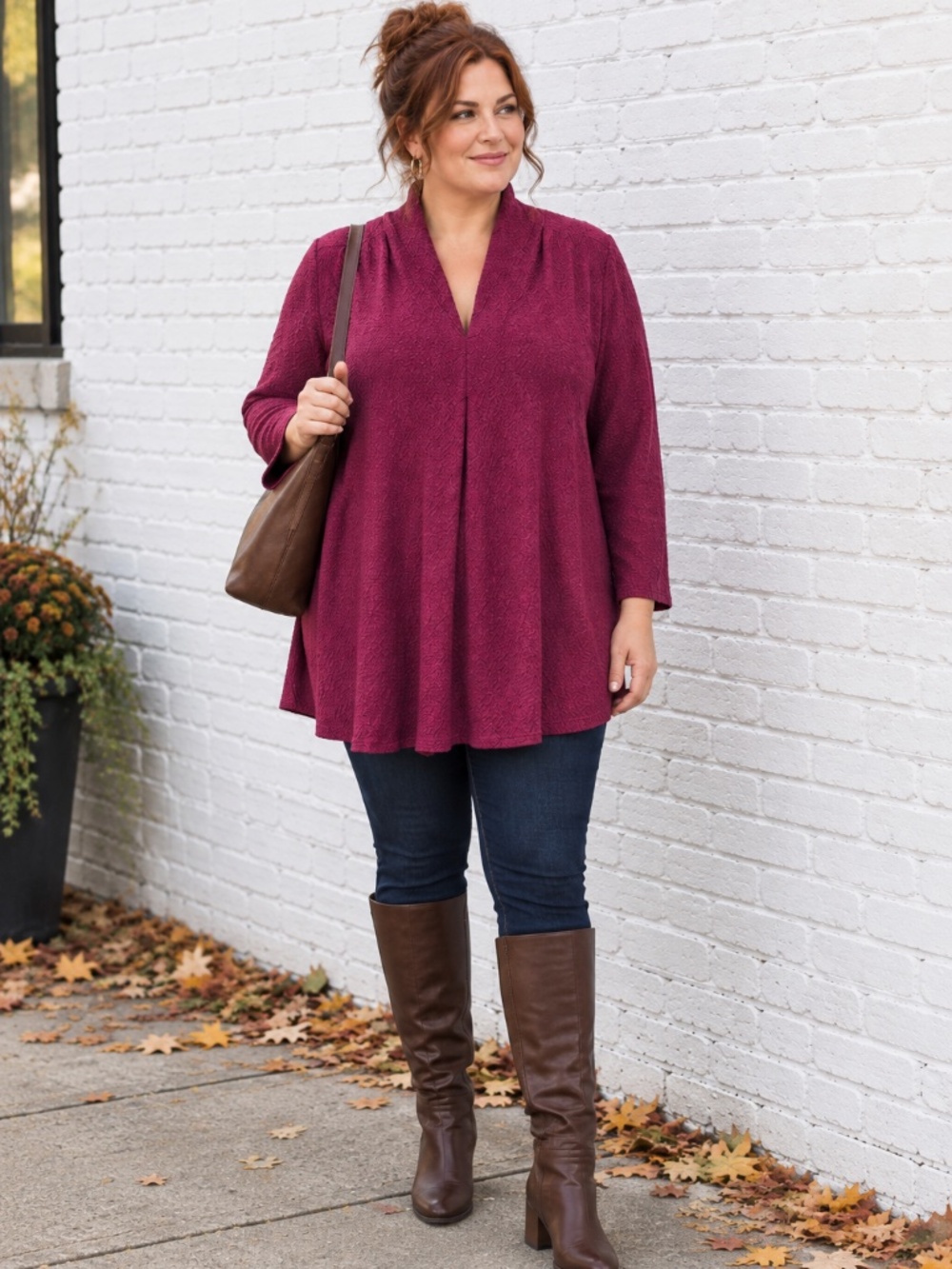 NWT Cable & Gauge Womens 3X Boysenberry Textured Knit V-Neck Tunic Blouse